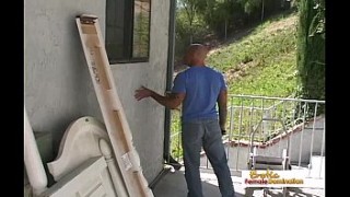 Bald plumber double pentration gets to fuck his busty client&#039s tight asshole