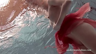 Katya Okuneva strips in her lick vegina red lingerie underwater