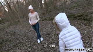 jiggly boobs Amateur blonde Kiara flashes boobs and fucked in the woods