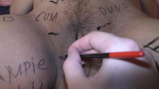 Pregnant slutwife gay dog knot gets dirty body writing on her body, belly and boobs before fucking - Milky Mari