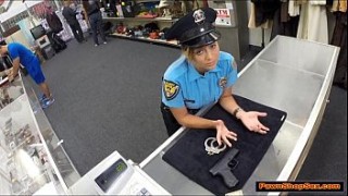 Police officer pawns two men fucking one woman her gun and is fucked