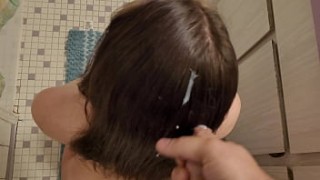 cumshot in hair fetish cum facesitting orgasm and brush through dry hair