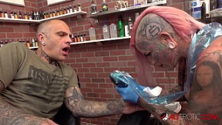 Big titty Evilyn Ink tattoos Sascha then dog rapes girl gets fucked